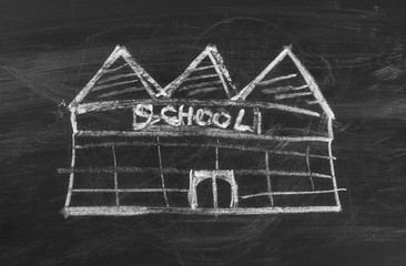 School drawn on chalkboard, blackboard background and texture