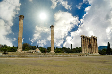 athens greece columns of Olympian Zeus temple, sun clouds