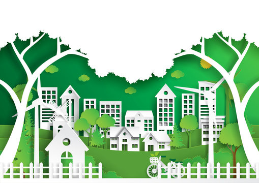 Nature landscape background paper art style.Green eco city of environment conservation concept.Vector illustration.