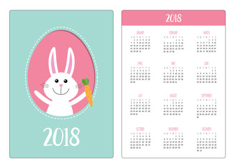 Pocket calendar 2018 year. Week starts Sunday. Happy Easter. Bunny rabbit hare holding carrot inside egg frame window. Dash line. Cute cartoon character. Blue background. Flat design.