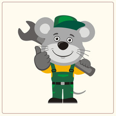 Funny mouse in wearing overalls with the large wrench on her shoulder. Mechanic mouse in cartoon style shows 