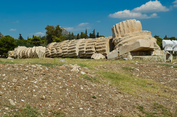 athens greece columns of Olympian Zeus temple, Parthenon view