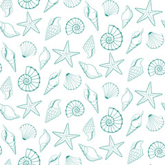 Seamless pattern of seashells. Vector illustration.