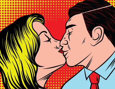 Vector illustration of kissing couple. In love couple in comic art style over  halftone dots background.