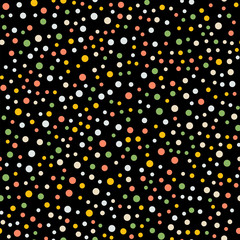 Colorful polka dots seamless pattern on black 5 background. Divine classic colorful polka dots textile pattern. Seamless scattered confetti fall chaotic decor. Abstract vector illustration.