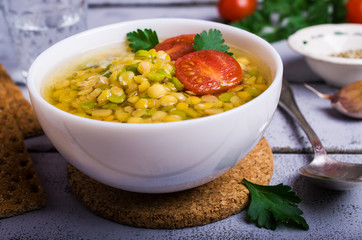 Thick soup with lentils and peas