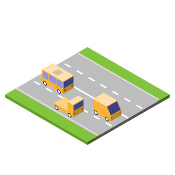 Cars are driving on the asphalt road, isometric style, traffic concept, vector illustration