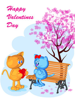 greeting card two cats valentine's day gives heart love tenderness surprise girl woman bench tree blooming cherry blue background cartoon style