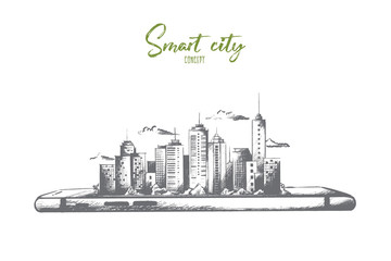 Smart city concept. Hand drawn smartphone with modern city scape. Little model of city with skyscrapers isolated vector illustration.