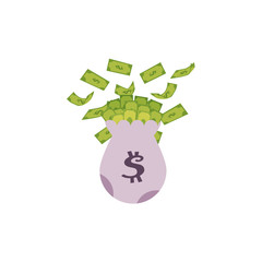 Canvas money bag full of dollar banknotes, flat vector illustration isolated on white background. Money flying out of canvas bag with a dollar sign, jackpot concept
