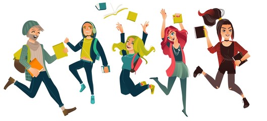 Set, group of students jumping from happiness, celebrating success, flat comic vector illustration isolated on white background. Happy hipster students, boys and girls, jumping excitedly