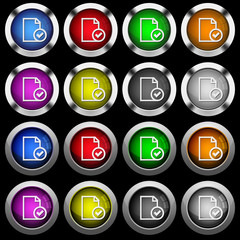 Document accepted white icons in round glossy buttons on black background