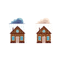 Vector flat house insurance concept set. House being damaged by wind, pouring rain and snowfall. Natural disaster insurance scenes. Isolated illustration on a white background
