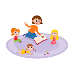 vector flat girls kids sitting and lying at carpet near cubics toys around young woman with book - teacher and listening to her attentively with interest. Isolated illustration, white background.