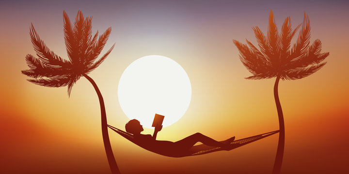 femme - livre - d&eacute;tente - vacances - hamac - lecture - palmier - tranquille - symbole - lire - calme
