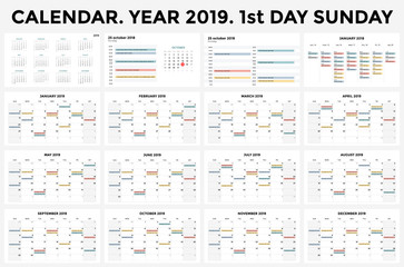Fototapeta na wymiar Calendar infographic, table chart, presentation chart. Business period concept. Task manager. Day, week, month. 2019 year. Time management. Organizer date diary.