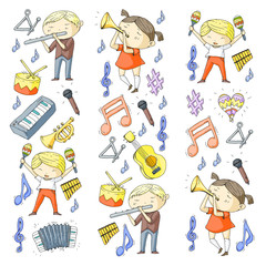 Vector school of music Musical theatre Kindergarten children with music instruments Drum, flute, accordion, trumpet, piano Music perfomance and school age kids Children orchestra