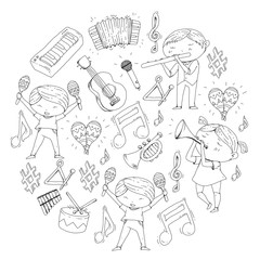 Obraz premium Vector school of music Musical theatre Kindergarten children with music instruments Drum, flute, accordion, trumpet, piano Music perfomance and school age kids Children orchestra