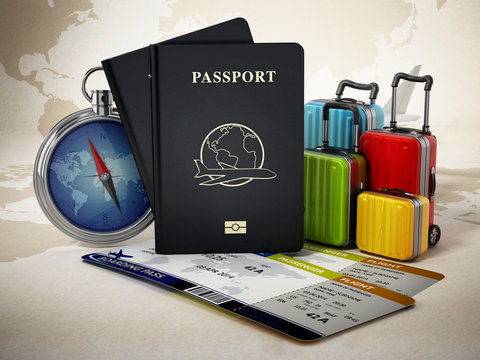 Passports, luggages, tickets and compass on world map. 3D illustration