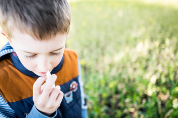 Boy suffering from pollen allergy using nasal spray 