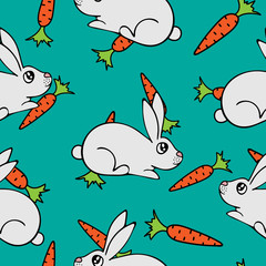 Seamless pattern with hand-drawn lovely hares and carrots.