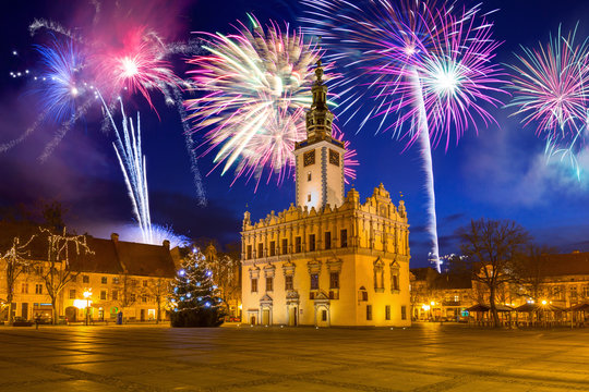 New Years firework display over the Market Square in Chelmno, Poland