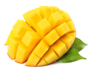mango slice with green leaves isolated on white background