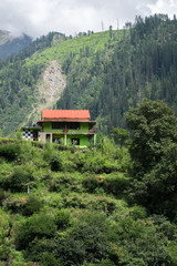 Fototapeta premium Green House on Mountainside near Tosh, India