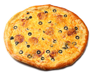 Piece of pizza with olives isolated on white background. top view