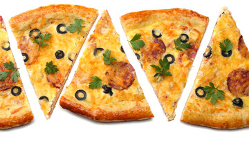 Piece of pizza with olives isolated on white background. top view