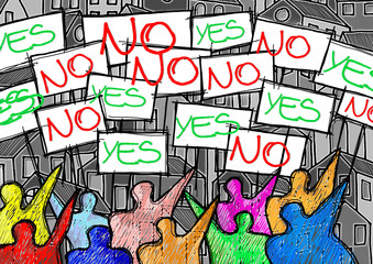 A group of people protesting writing "yes and no" on their billboards - concept illustration