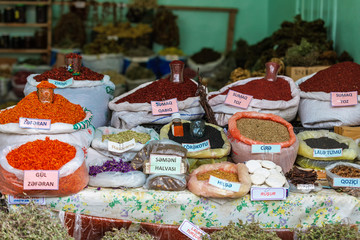 Bags of dried herbal tea for sale at city local market. Lahic. Azerbaijan