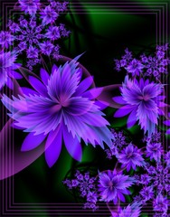 Computer generated 3D fractal purple flowers on a dark background.