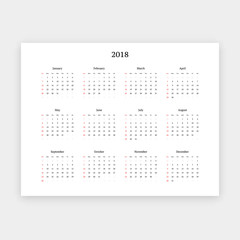 Simple 2018 calendar vector horizontal template. Week begins on Sunday.