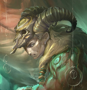illustration of an astrology sign aries as a handsome man with golden horns
