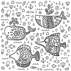 Vector cute marine life doodle set. Vector illustration for your cute design.