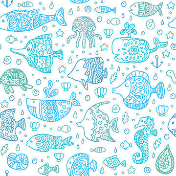 Seamless pattern with sea creatures. Template for style design.