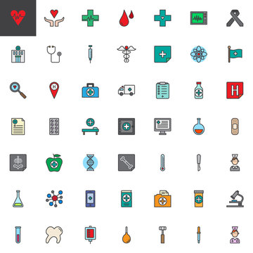 Universal medical elements filled outline icons set, line vector symbol collection, linear colorful pictogram pack. Signs, logo illustration, Set includes icons as cardiogram, hospital, stethoscope