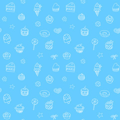 Seamless pattern with ice-cream, pie and cupcakes. Can be used for textile, website background, book cover, packaging.