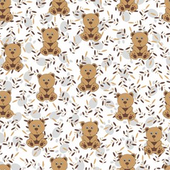 Children's wallpaper in a bowl with leaves. Seamless background for children. Teddy bear, leaves and paws - obrazy, fototapety, plakaty
