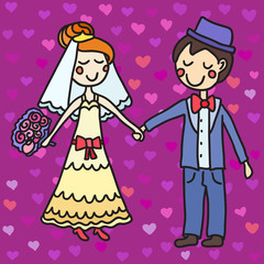 Hand drawn wedding couple and seamless pattern with hearts. Vector illustration for your cute design.