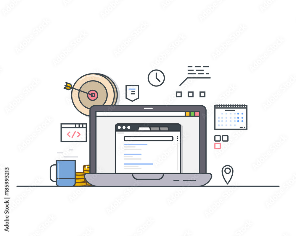 Poster online targeting concept. line modern vector illustration. laptop with website and search engine. ar