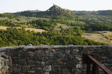 Panorama della Toscana, dalle terme del borgo Bagno Vignoni, Italia