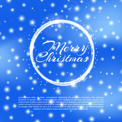 Merry Christmas background with bokeh effect. Elegant christmas blue background with snowflakes and sparkles. Greeting card design template with typography label.