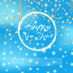 Happy new year 2018 background with bokeh effect. Elegant christmas blue background with snowflakes and sparkles. Vector gold serpentine. Greeting card design template with typography label.