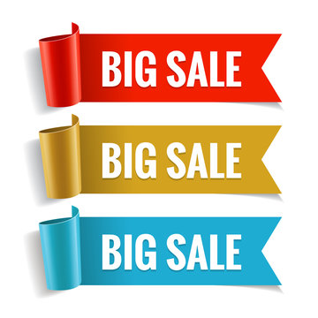 Sale Banner. Realistic Red, Gold And Blue Glossy Paper Ribbon