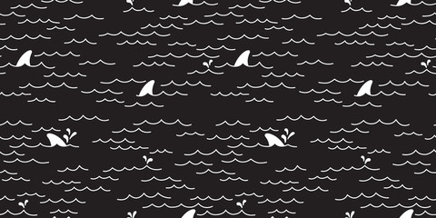 Shark whale dolphin Seamless pattern Sea Ocean vector doodle isolated wallpaper background black © CNuisin