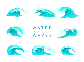 Vector collection of flat blue water waves, splatters, curves icons isolated on white background. Pure water splatters set, good for environment elements design, packaging emblems, banners, logo etc.