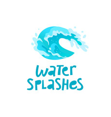 Vector flat illustration of water splashes emblem isolated on white background. Water wave curling icon. Hand written font. Good for pure water label, logo design, packaging label.