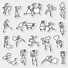  Valentine Day people icons. Thin simple stickers with shopping family with hearts and shopping carts.